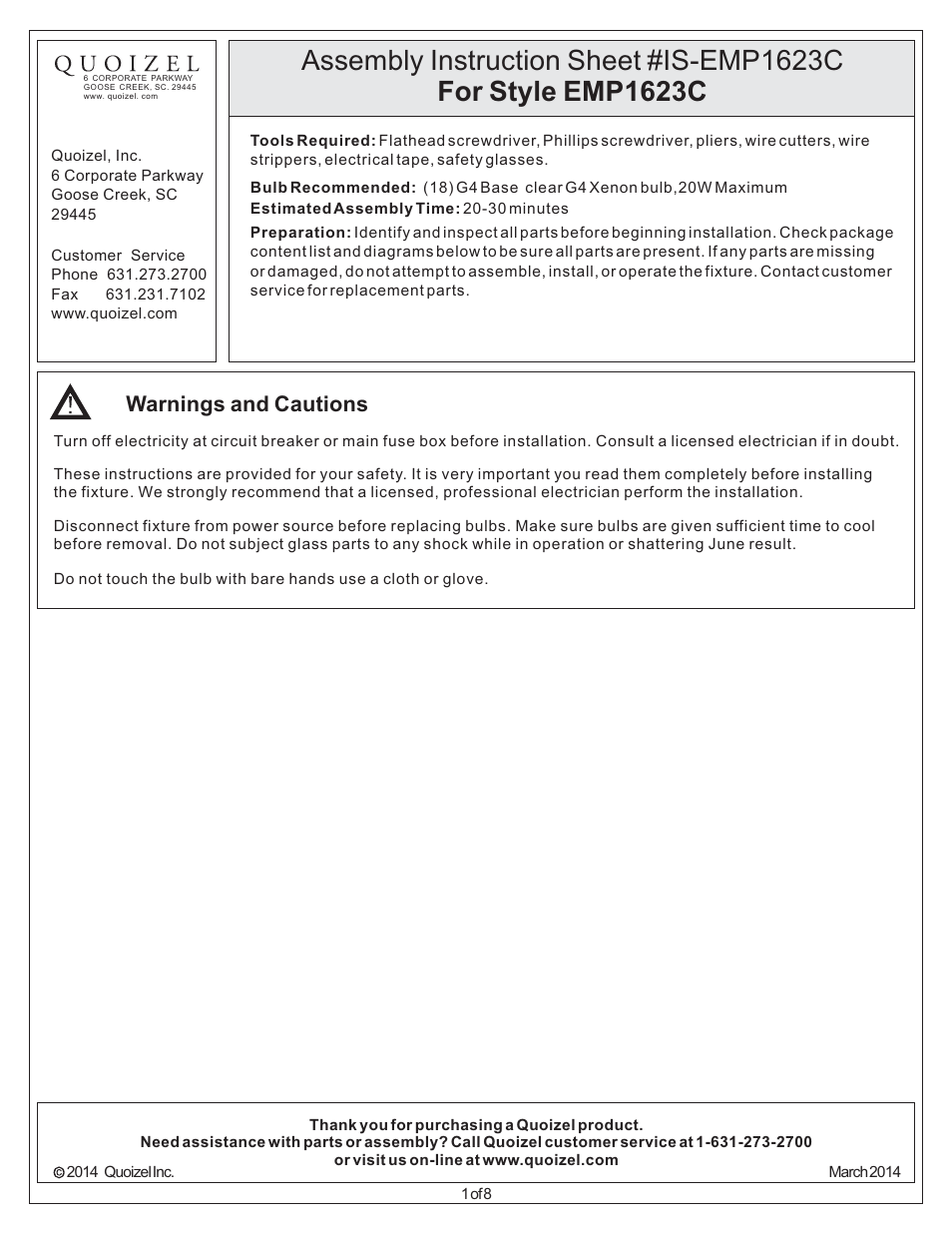 Quoizel EMP1623C Empress User Manual | 8 pages