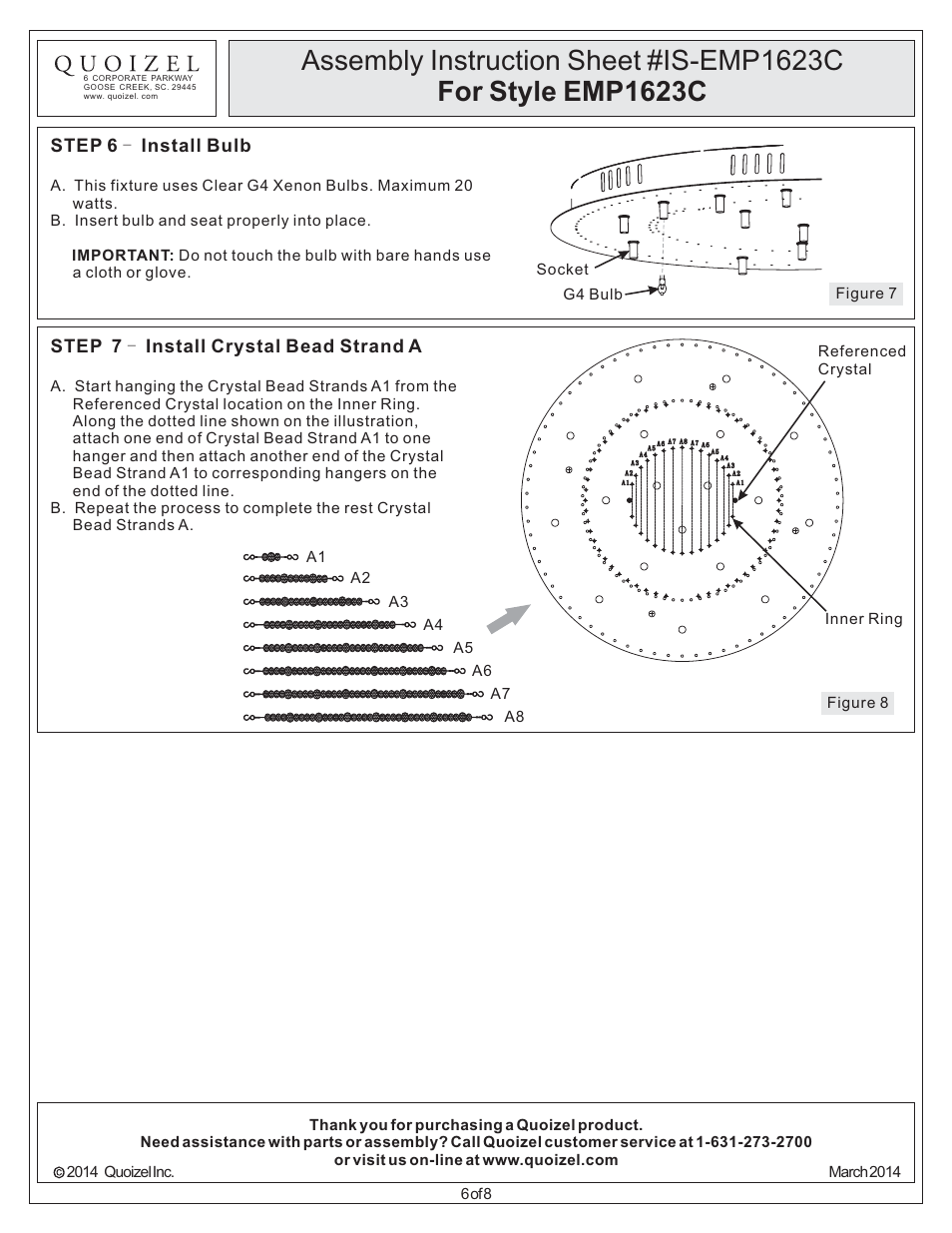 Step 6 install bulb, Step 7 - install crystal bead strand a | Quoizel EMP1623C Empress User Manual | Page 6 / 8