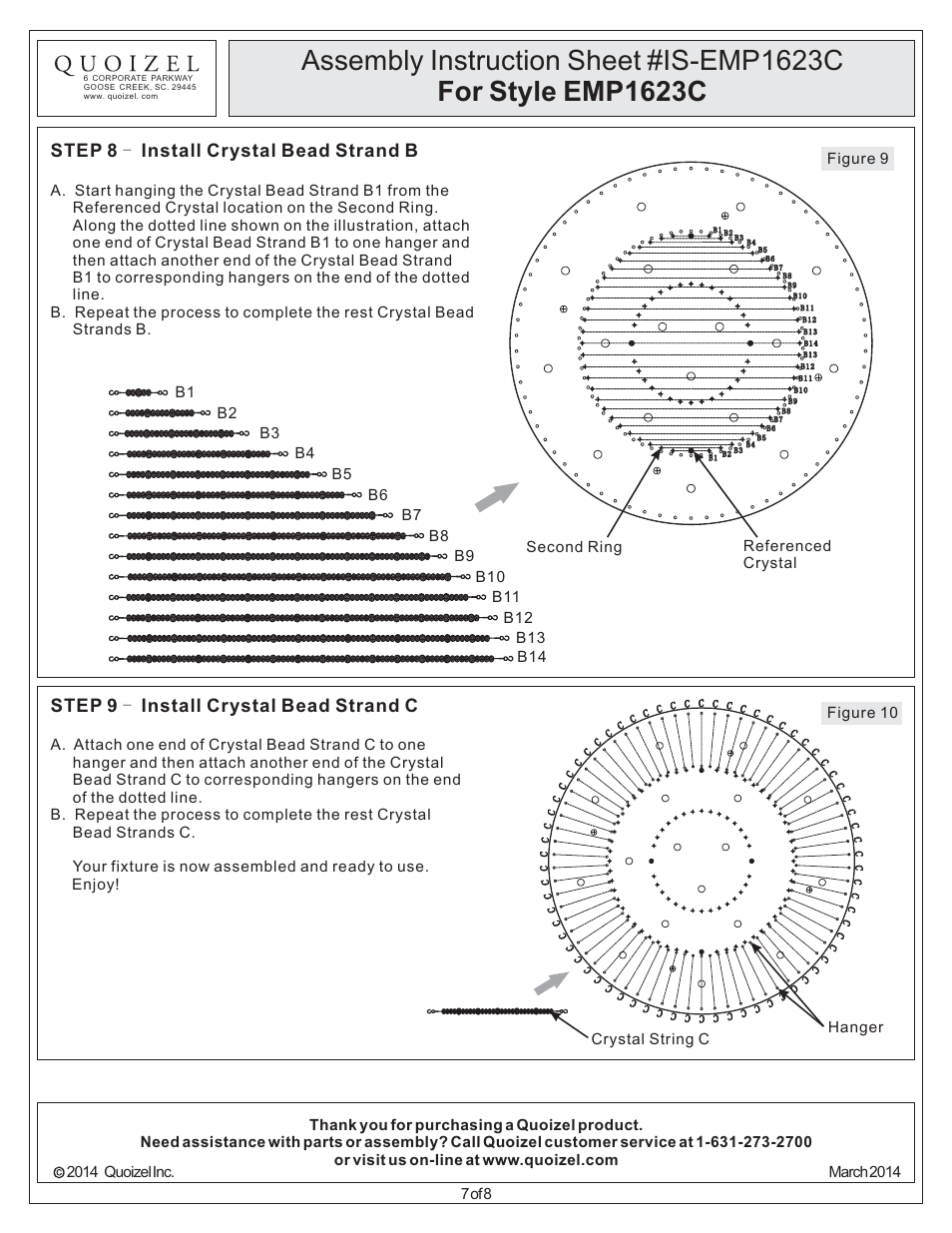 Step 8 - install crystal bead strand b, Step 9 - install crystal bead strand c, Hanger crystal string c figure 10 | Quoizel EMP1623C Empress User Manual | Page 7 / 8