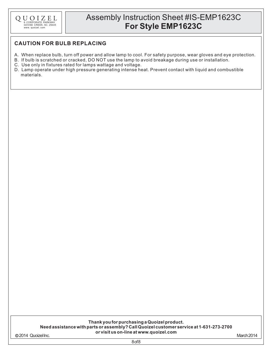 Quoizel EMP1623C Empress User Manual | Page 8 / 8