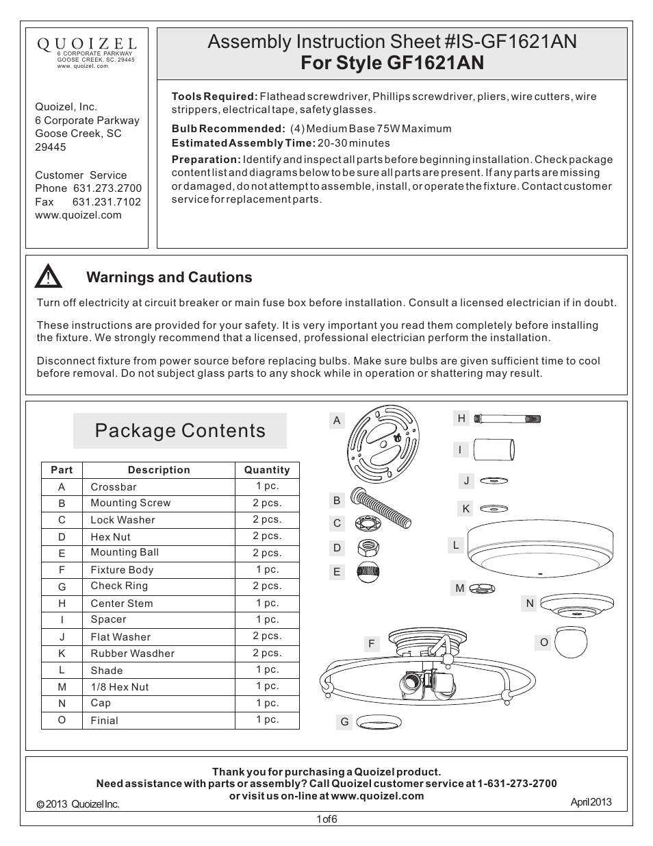 Quoizel GF1621AN Griffin User Manual | 6 pages