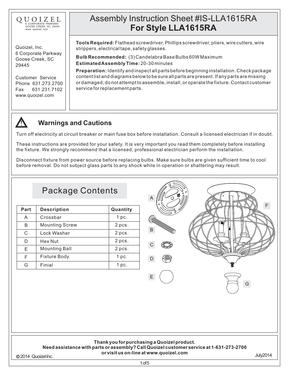 Quoizel LLA1615RA Laila User Manual | 5 pages