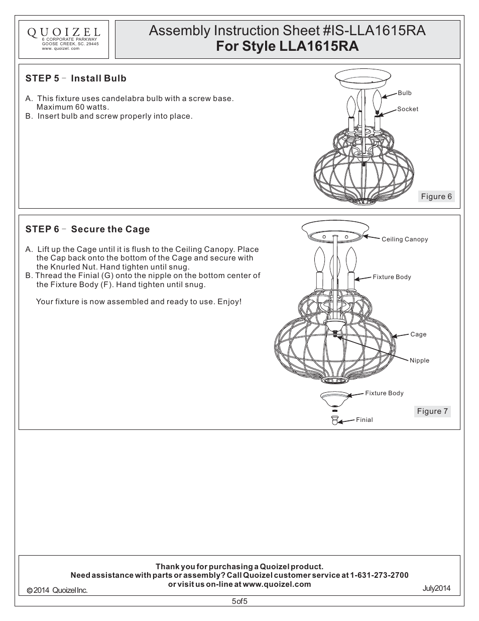 Quoizel LLA1615RA Laila User Manual | Page 5 / 5