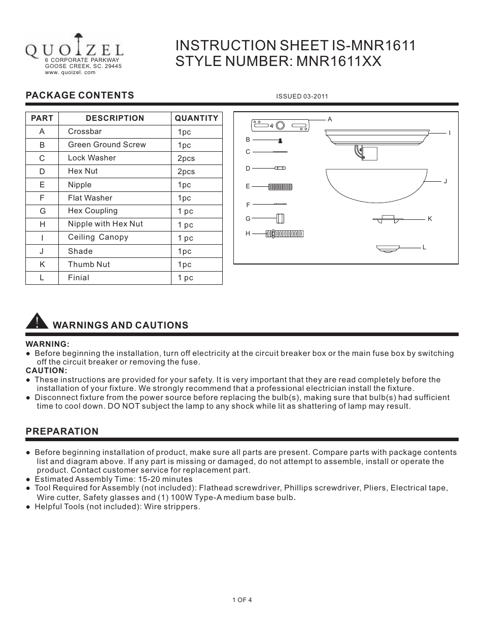Quoizel MNR1611BN Manor User Manual | 4 pages