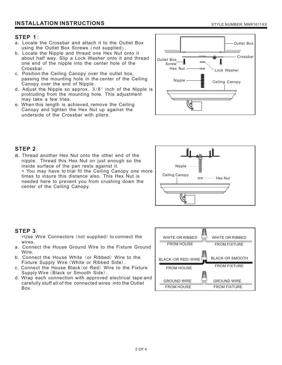 Installation instructions, Step 2, Step 3 | Step 1 | Quoizel MNR1611BN Manor User Manual | Page 2 / 4