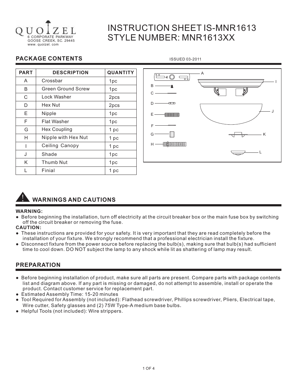 Quoizel MNR1613BN Manor User Manual | 4 pages