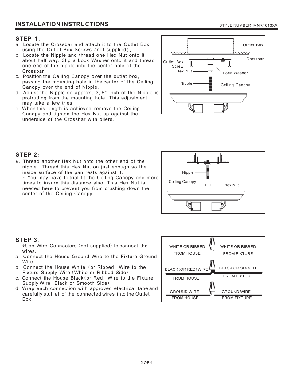 Installation instructions, Step 2, Step 3 | Step 1 | Quoizel MNR1613BN Manor User Manual | Page 2 / 4