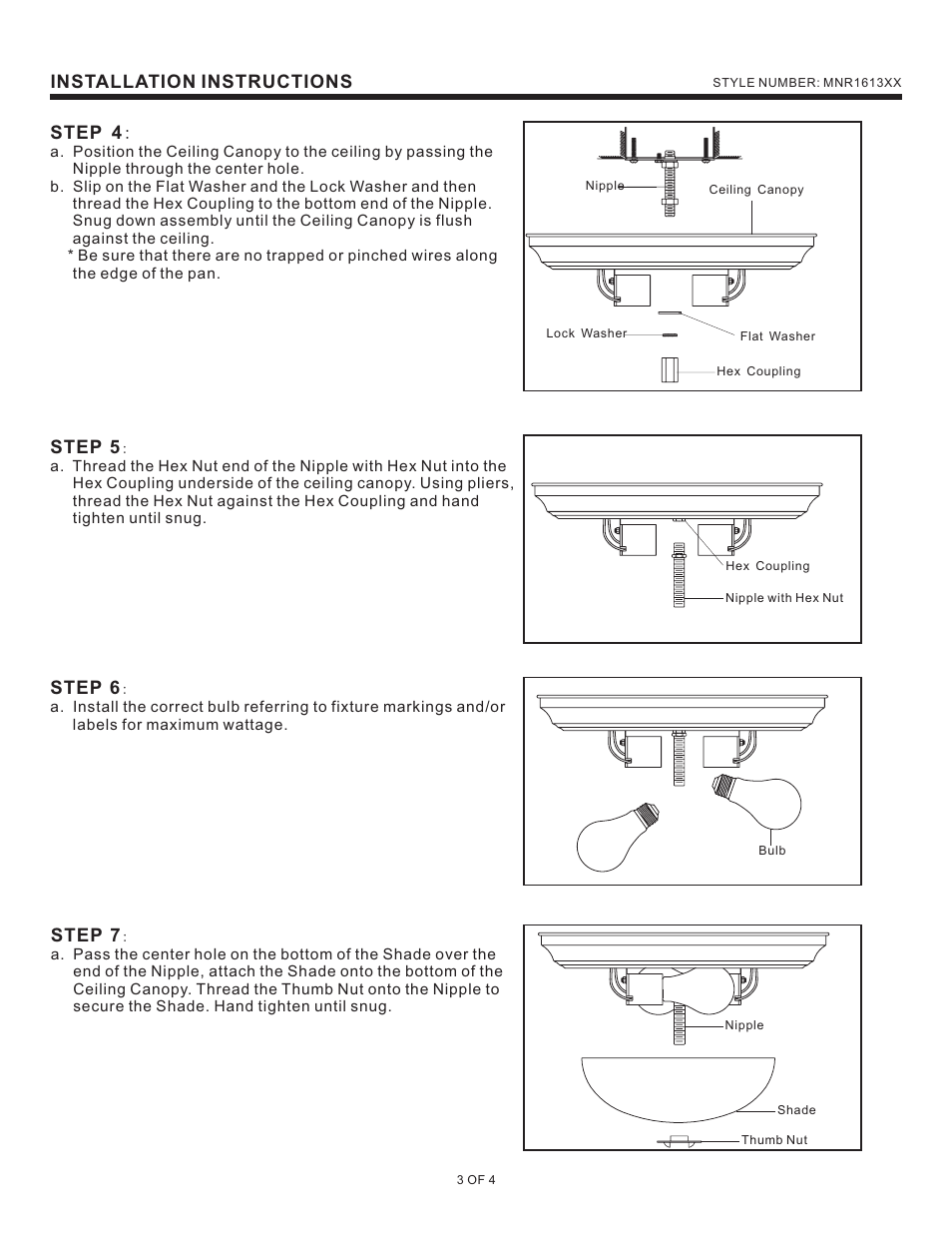 Installation instructions, Step 4, Step 5 | Step 6, Step 7 | Quoizel MNR1613BN Manor User Manual | Page 3 / 4