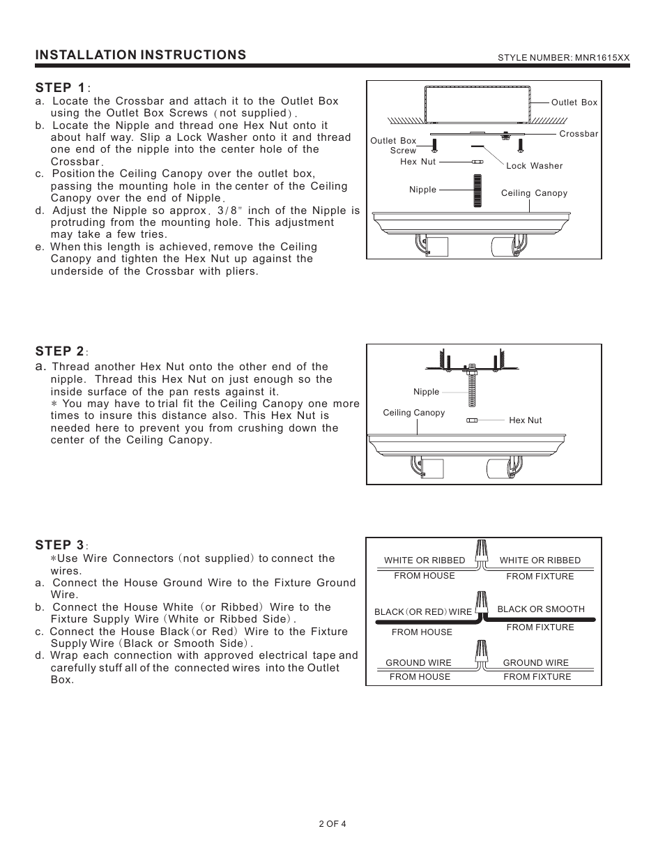 Installation instructions, Step 2, Step 3 | Step 1 | Quoizel MNR1615BN Manor User Manual | Page 2 / 4