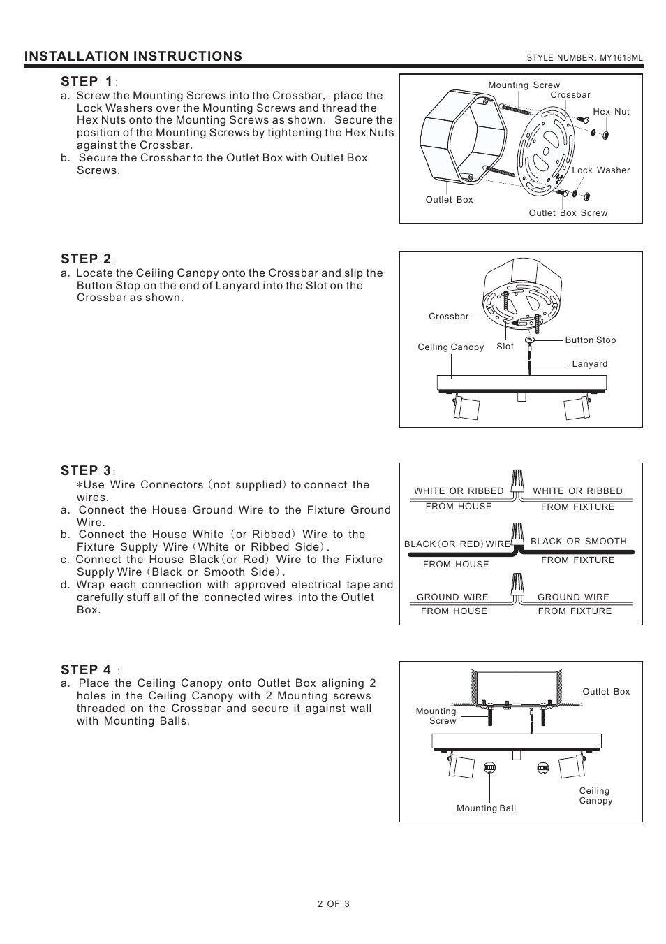 Installation instructions, Step 1, Step 2 | Step 3, Step 4 | Quoizel MY1618ML Monterey Mosaic User Manual | Page 2 / 3