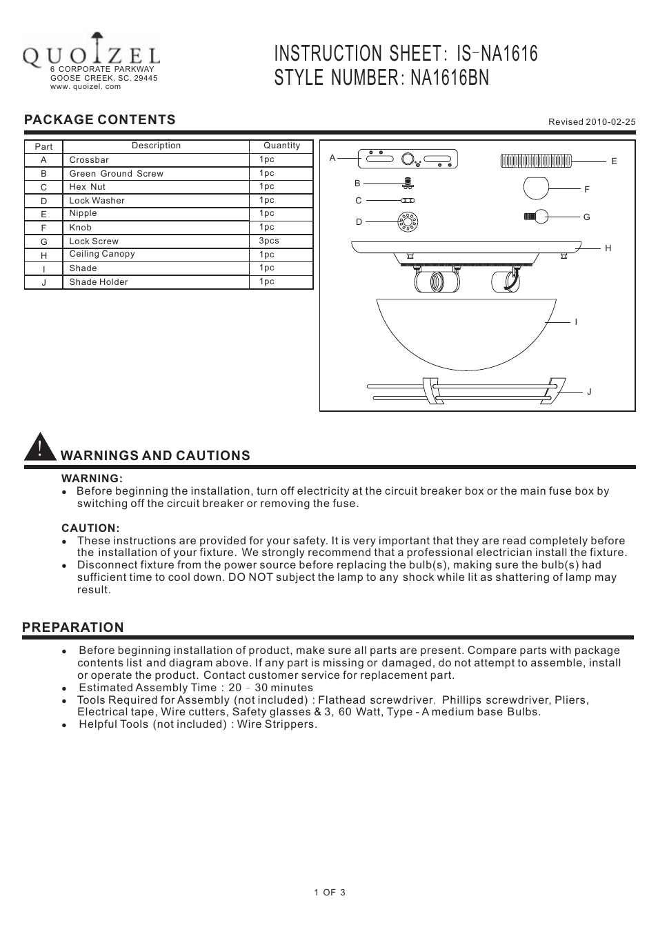 Quoizel NA1616BN New England User Manual | 3 pages