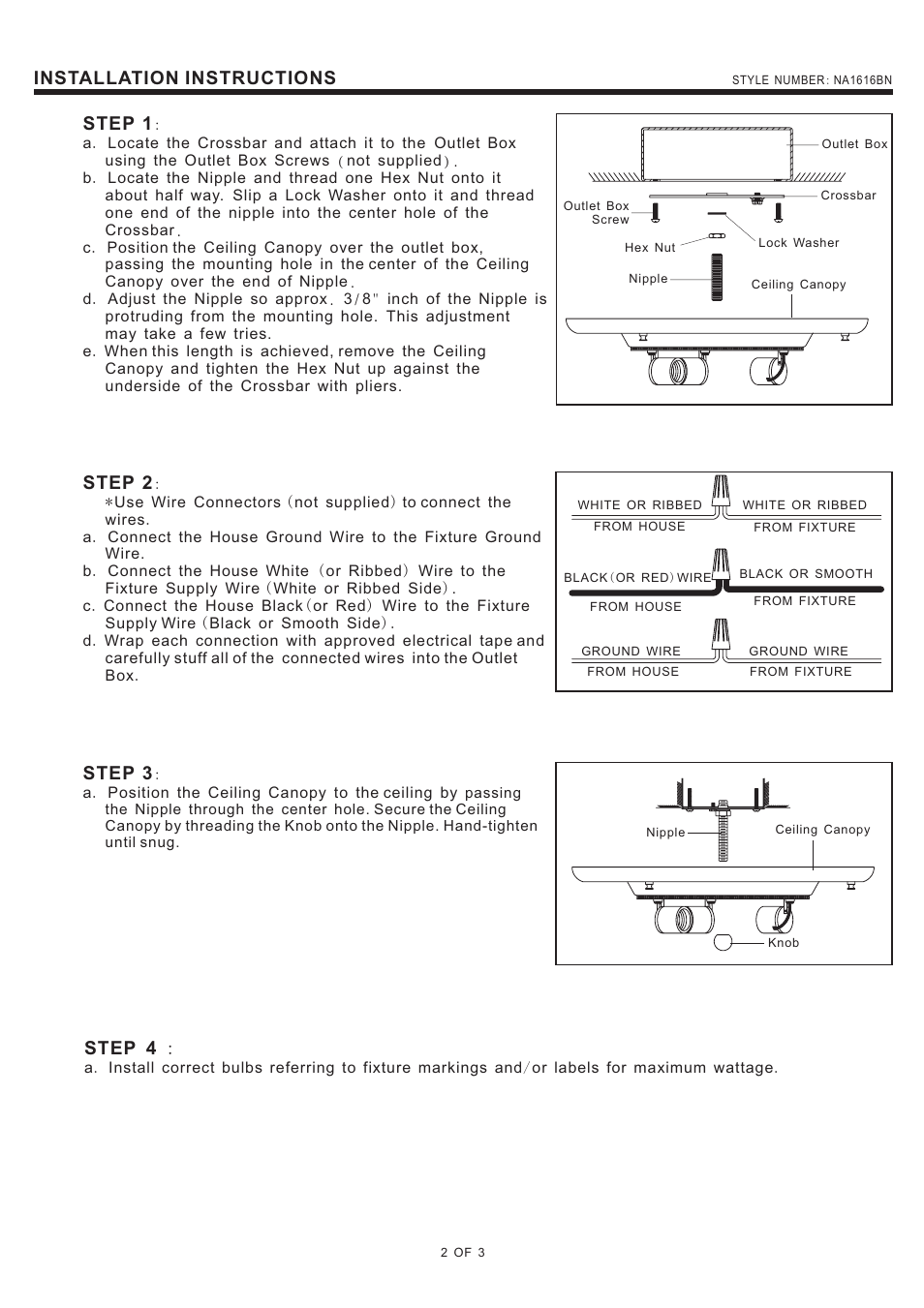 Installation instructions, Step 1, Step 2 | Step 3, Step 4 | Quoizel NA1616BN New England User Manual | Page 2 / 3