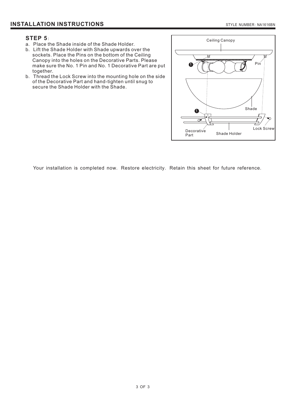 Installation instructions, Step 5 | Quoizel NA1616BN New England User Manual | Page 3 / 3