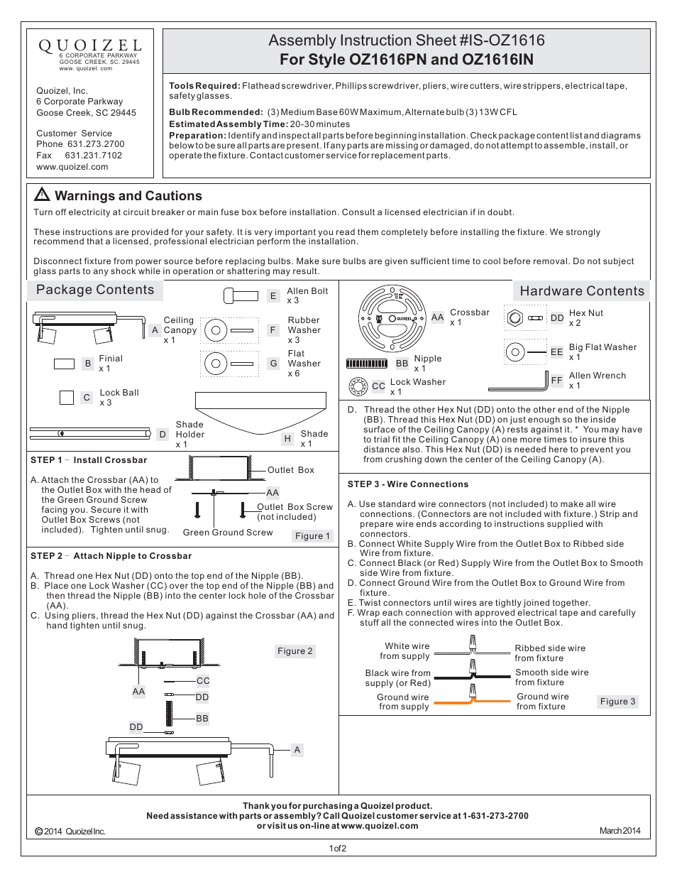 Quoizel OZ1616IN Ozark User Manual | 2 pages