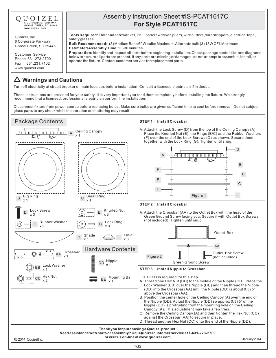 Quoizel PCAT1617C Platinum Collection Avanti User Manual | 2 pages