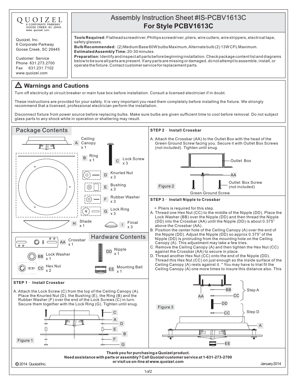 Quoizel PCBV1613C Platinum Collection Bravado User Manual | 2 pages