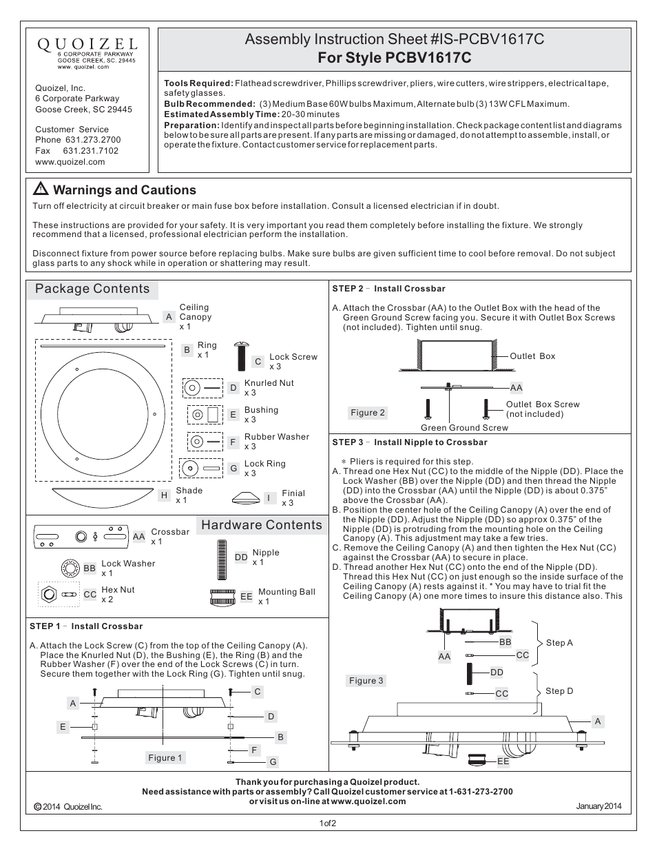 Quoizel PCBV1617C Platinum Collection Bravado User Manual | 2 pages