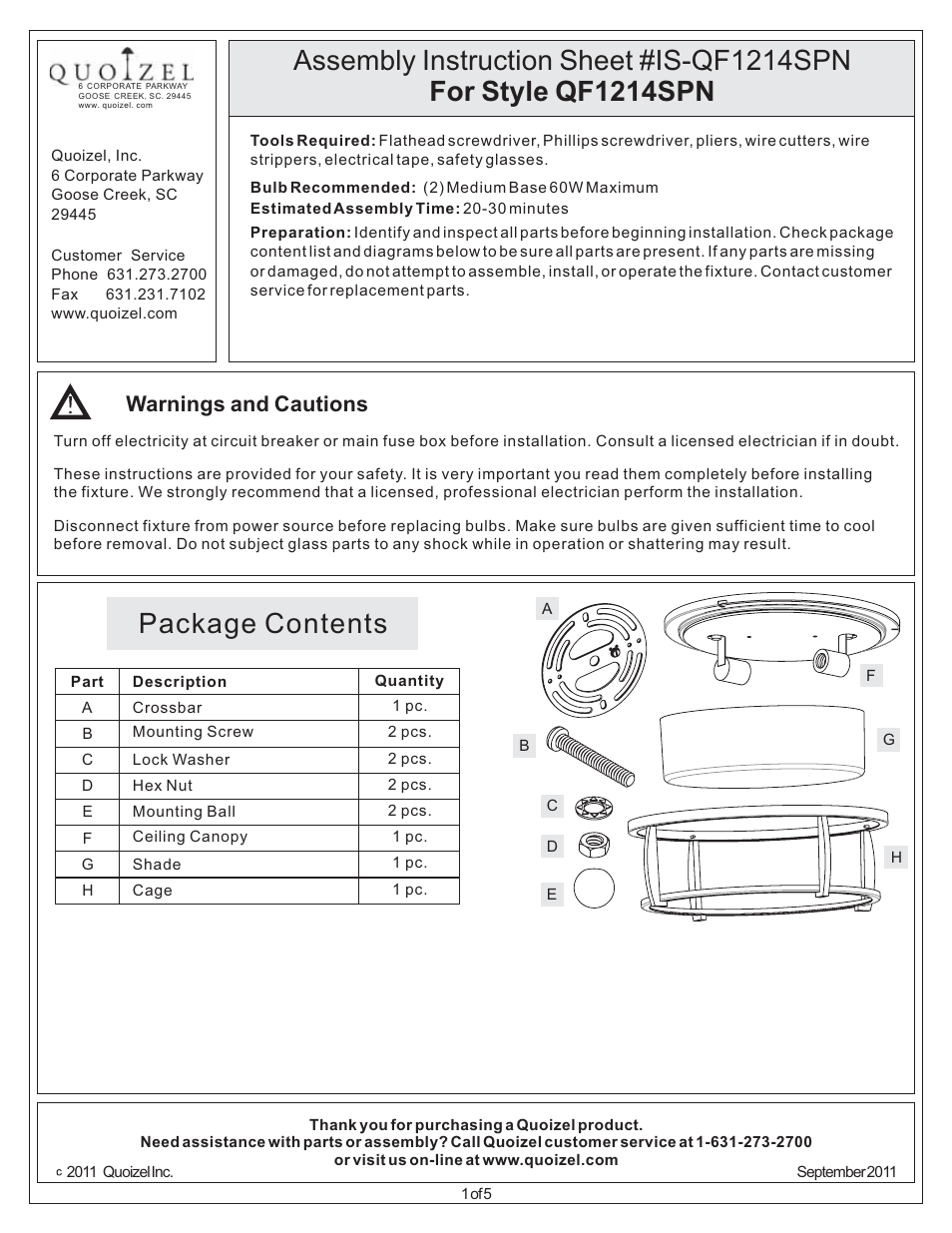 Quoizel QF1214SPN Quoizel Fixture User Manual | 5 pages