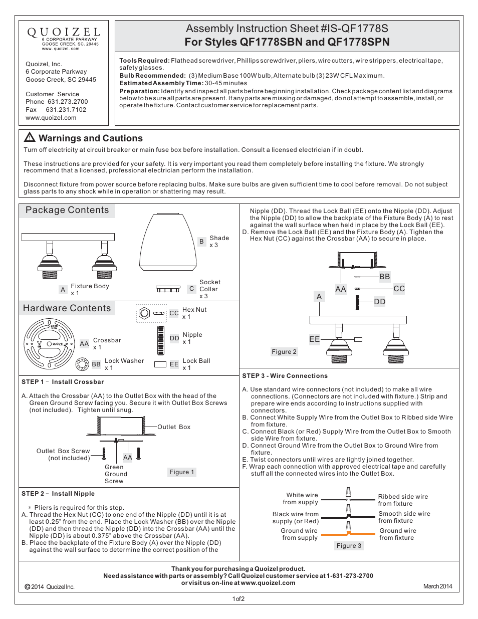 Quoizel QF1778SBN Quoizel Fixture User Manual | 2 pages