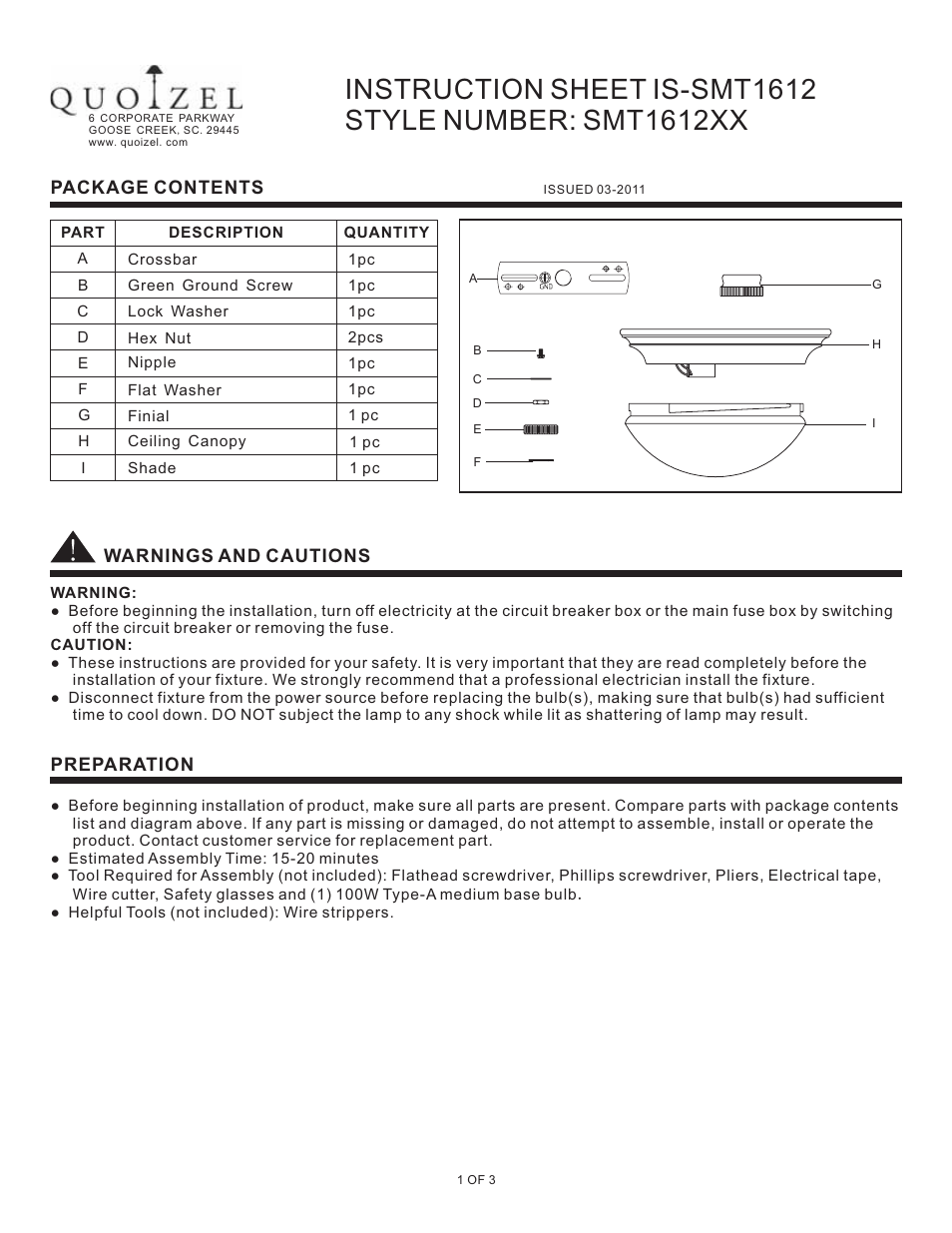 Quoizel SMT1612BN Summit User Manual | 3 pages