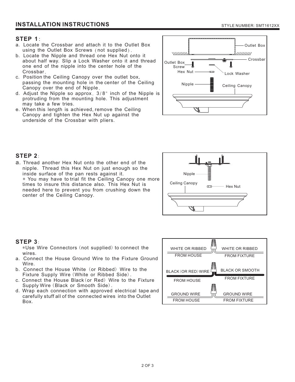 Installation instructions, Step 2, Step 3 | Step 1 | Quoizel SMT1612BN Summit User Manual | Page 2 / 3