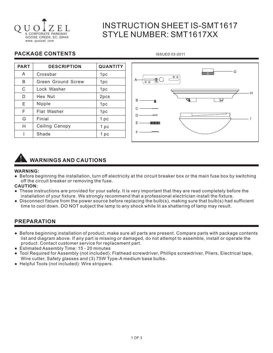 Quoizel SMT1617BN Summit User Manual | 3 pages