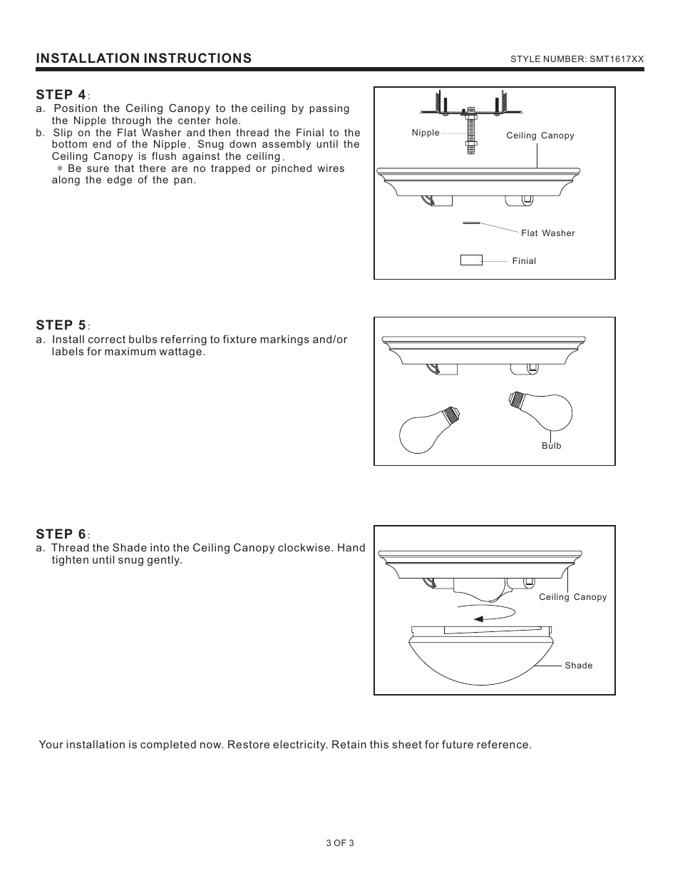 Installation instructions, Step 4, Step 6 | Step 5 | Quoizel SMT1617BN Summit User Manual | Page 3 / 3