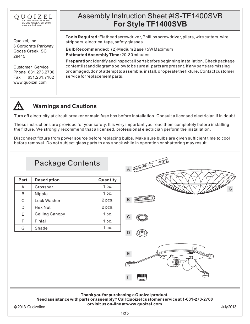 Quoizel TF1400SVB Tiffany User Manual | 5 pages