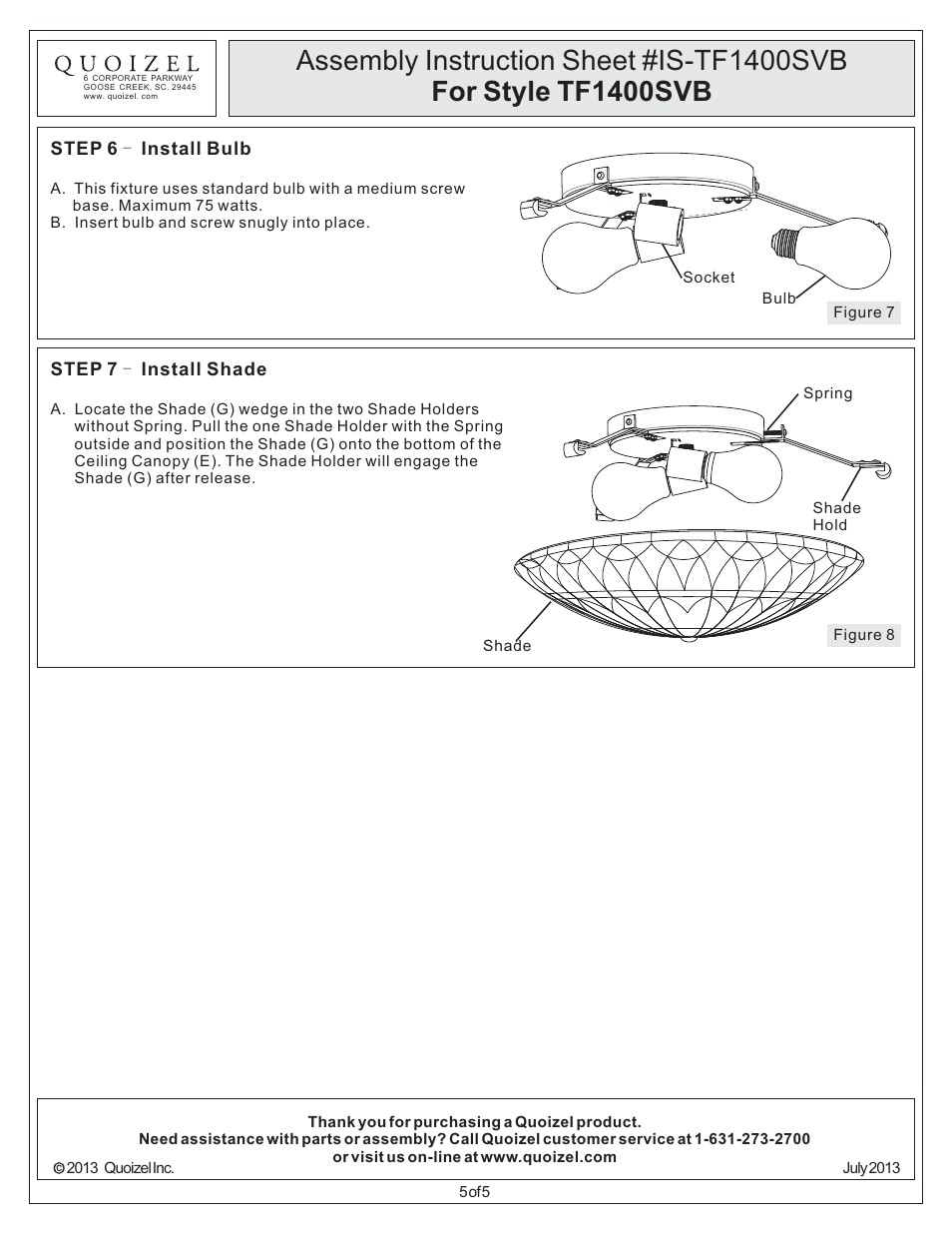 Quoizel TF1400SVB Tiffany User Manual | Page 5 / 5