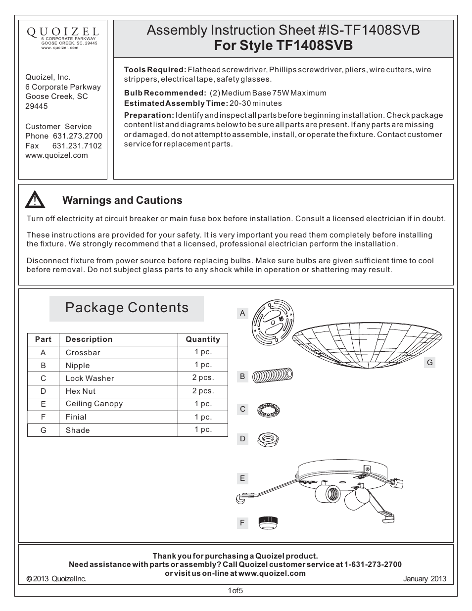 Quoizel TF1408SVB Tiffany User Manual | 5 pages