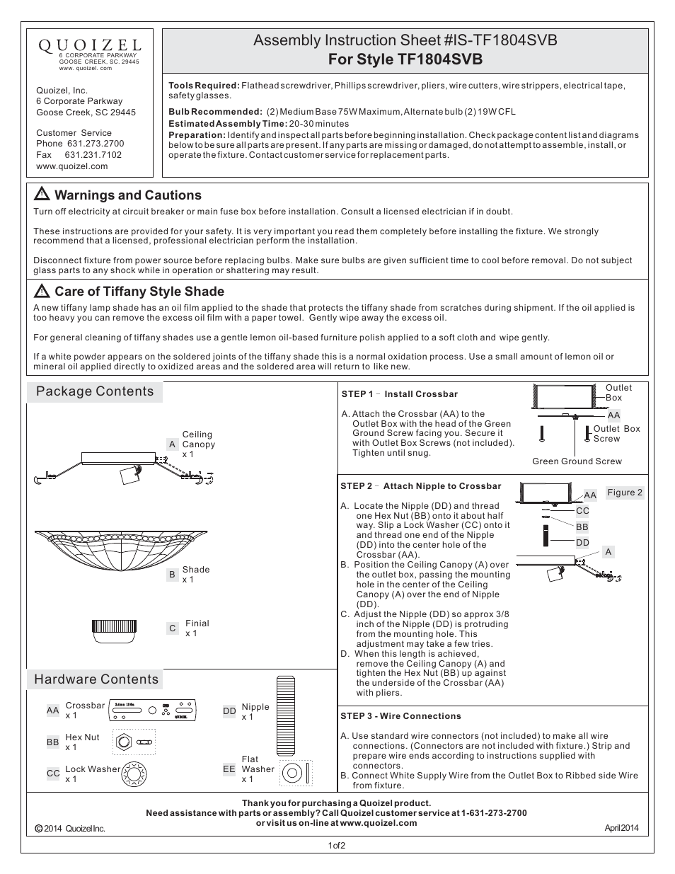 Quoizel TF1804SVB Tiffany User Manual | 2 pages