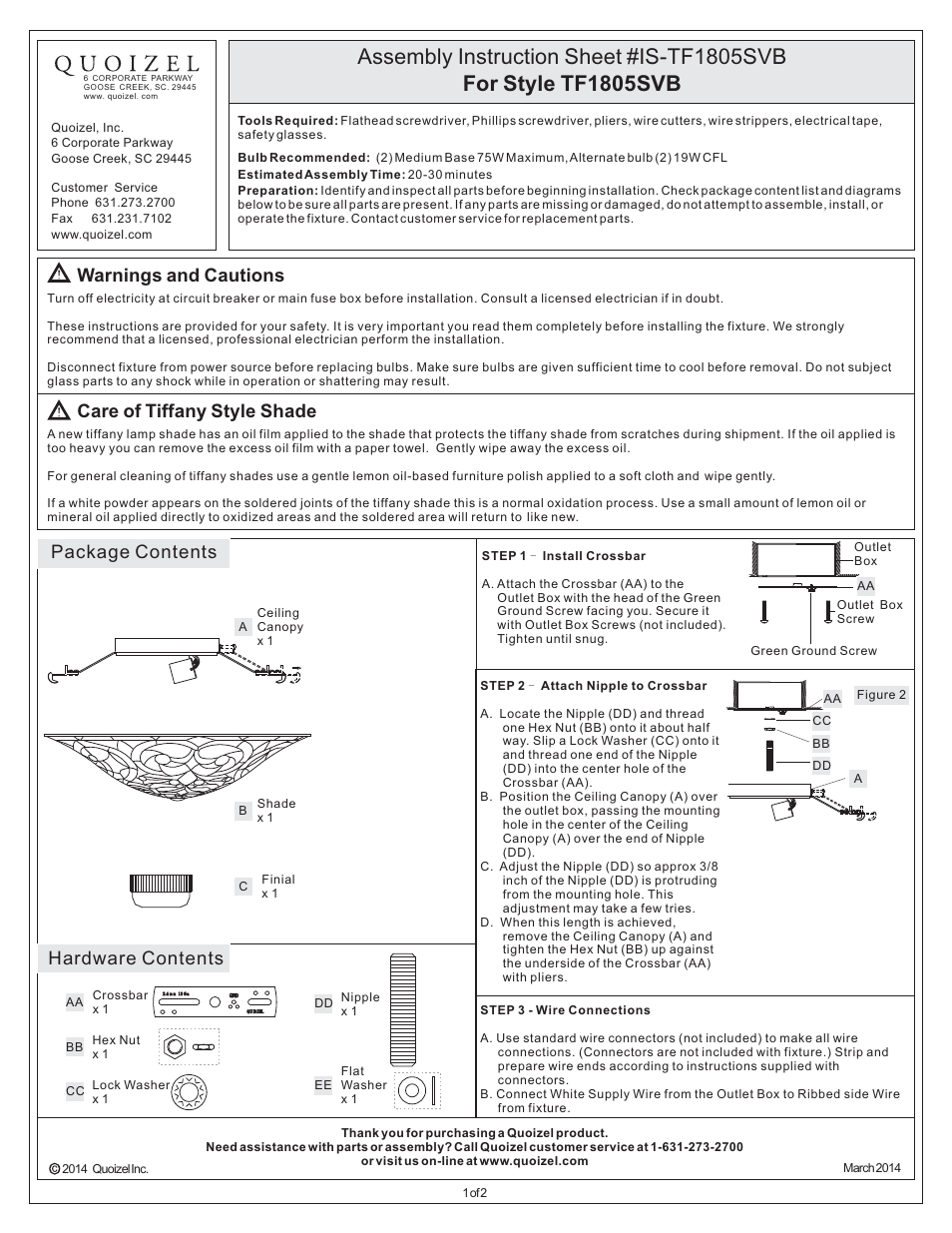 Quoizel TF1805SVB Tiffany User Manual | 2 pages