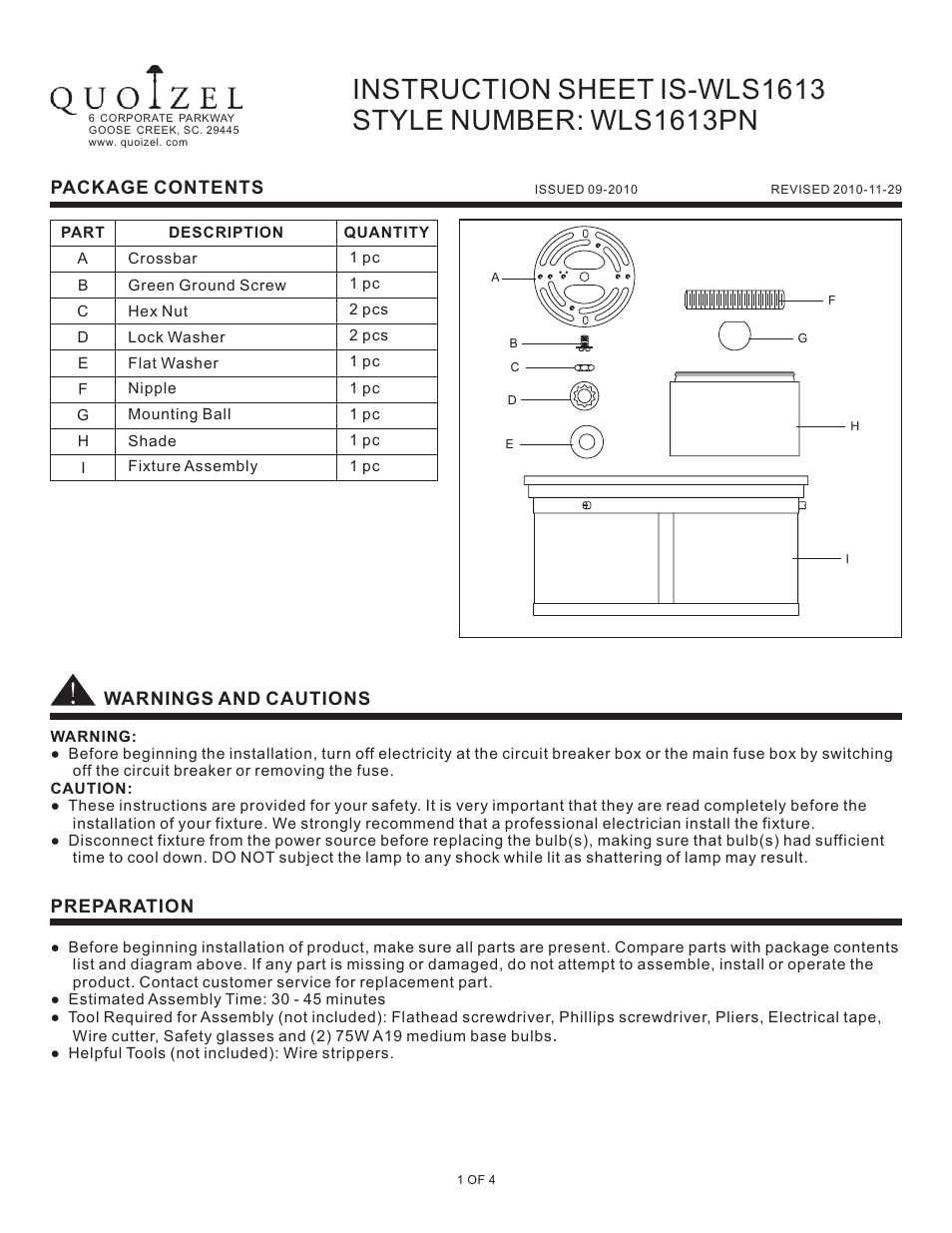 Quoizel WLS1613PN Wilson User Manual | 4 pages