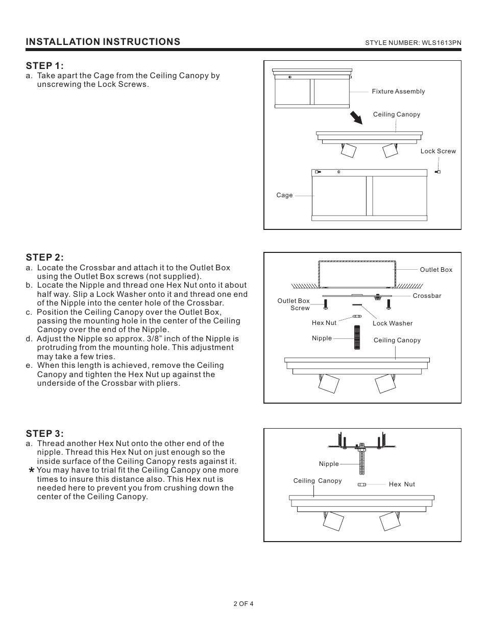 Installation instructions step 1, Step 2, Step 3 | Quoizel WLS1613PN Wilson User Manual | Page 2 / 4