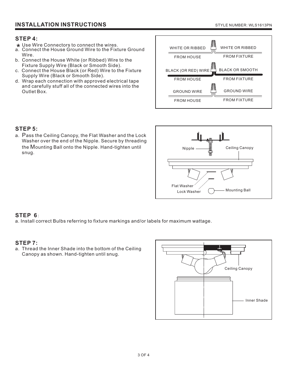Installation instructions, Step 4, Step 5 | Step 7, Step 6 | Quoizel WLS1613PN Wilson User Manual | Page 3 / 4