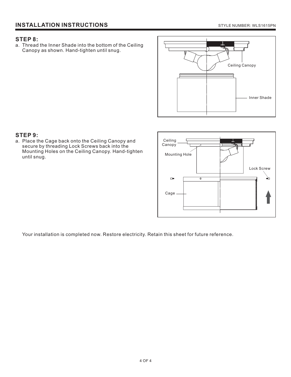 Installation instructions, Step 8, Step 9 | Quoizel WLS1615PN Wilson User Manual | Page 4 / 4