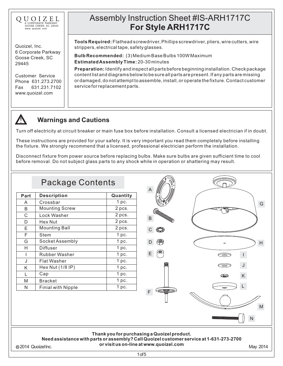 Quoizel ARH1717C Aldrich User Manual | 5 pages