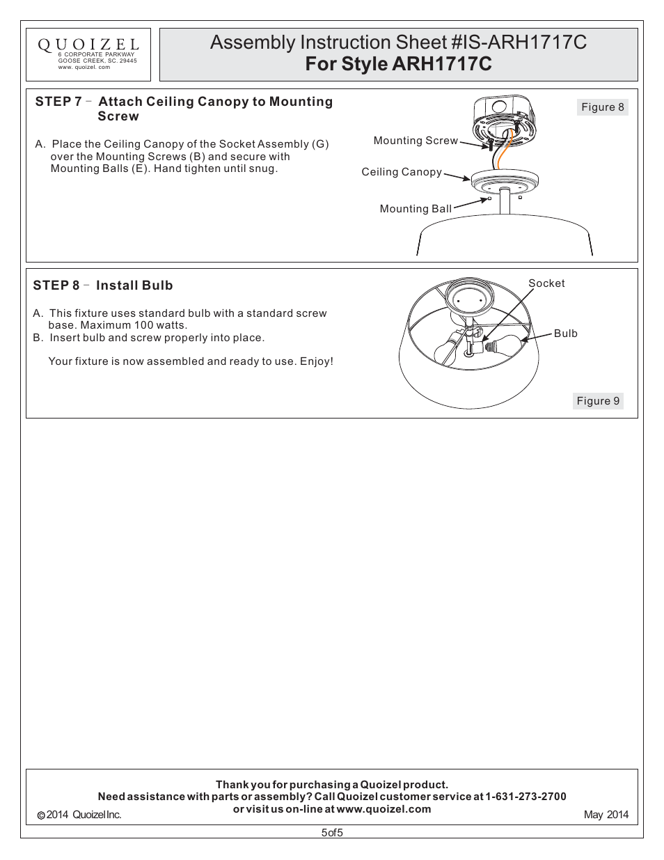 Quoizel ARH1717C Aldrich User Manual | Page 5 / 5