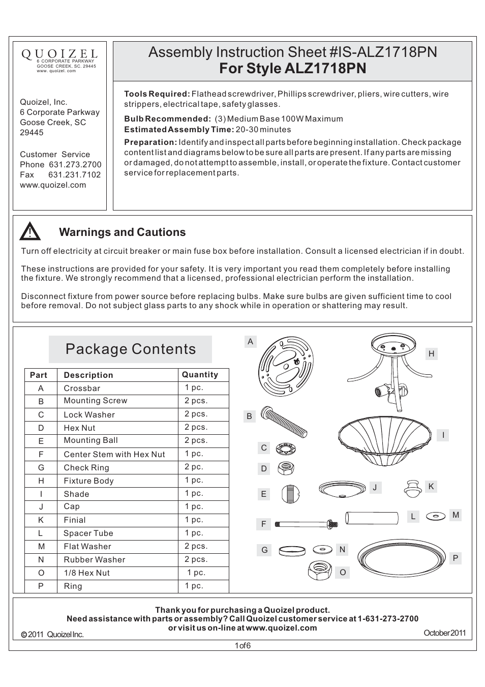 Quoizel ALZ1718PN Aliza User Manual | 6 pages