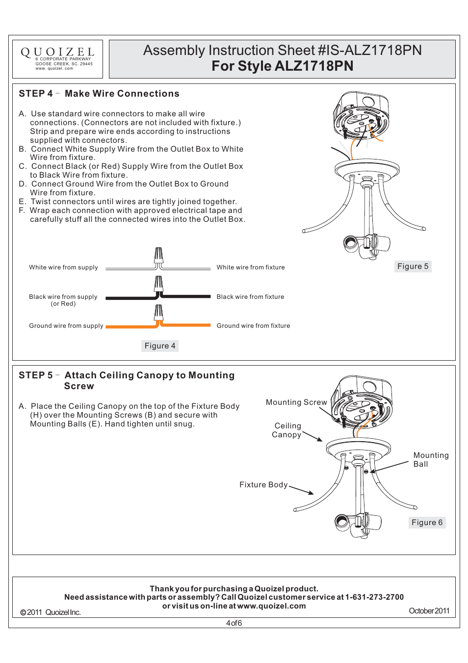 Step 4 make wire connections, Step 5 - attach ceiling canopy to mounting screw | Quoizel ALZ1718PN Aliza User Manual | Page 4 / 6