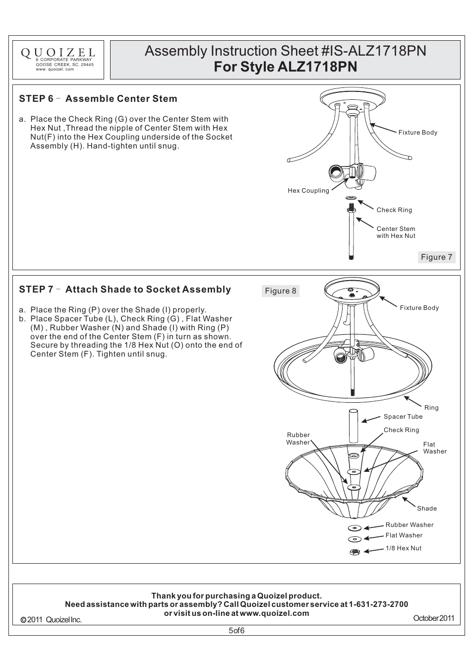 Step 6 assemble center stem, Step 7 attach shade to socket assembly | Quoizel ALZ1718PN Aliza User Manual | Page 5 / 6