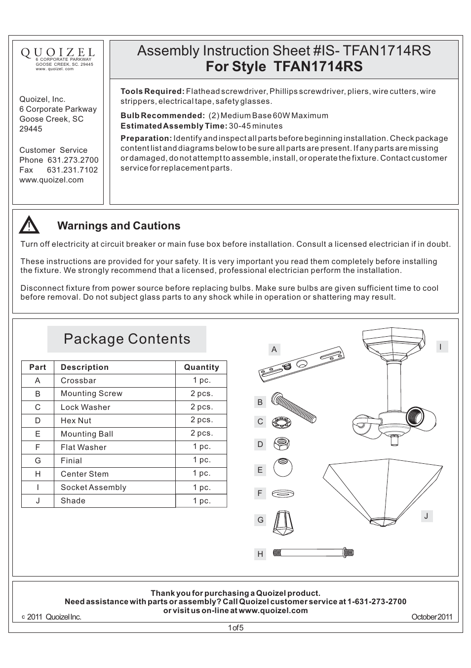 Quoizel TFAN1714RS Arden User Manual | 5 pages