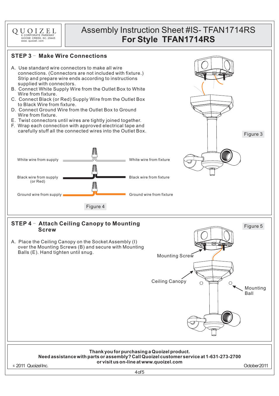 Step 4 - attach ceiling canopy to mounting screw, Step 3 make wire connections | Quoizel TFAN1714RS Arden User Manual | Page 4 / 5