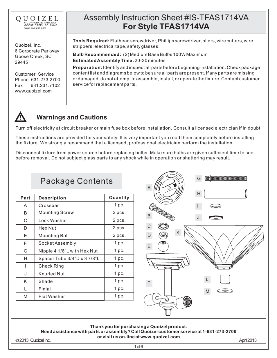 Quoizel TFAS1714VA Asheville User Manual | 6 pages