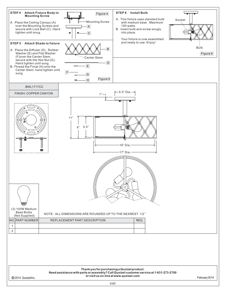 Quoizel BWL1717CC Brown Lattice User Manual | Page 2 / 2