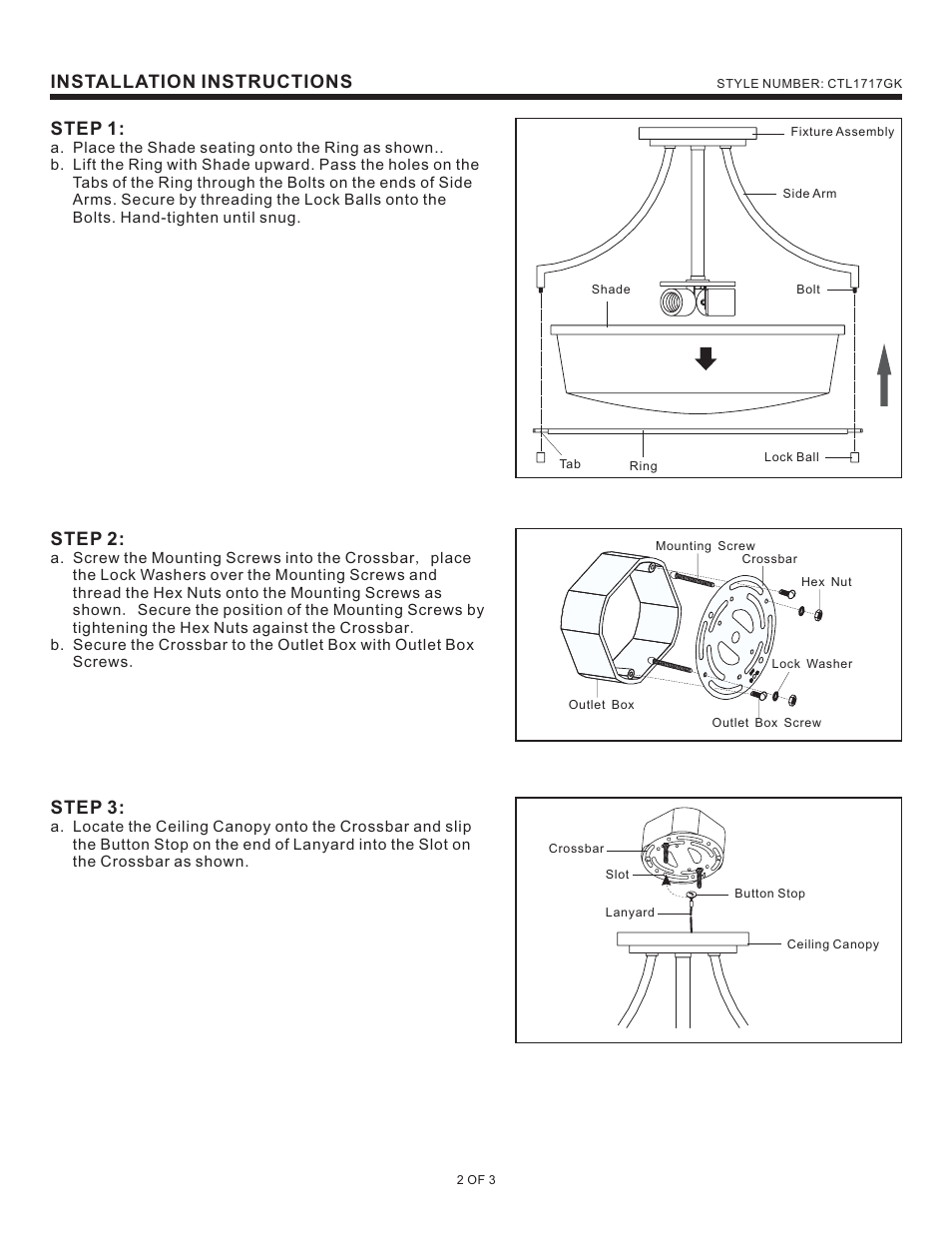 Installation instructions, Step 1, Step 2 | Step 3 | Quoizel CTL1717GK Caitlyn User Manual | Page 2 / 3