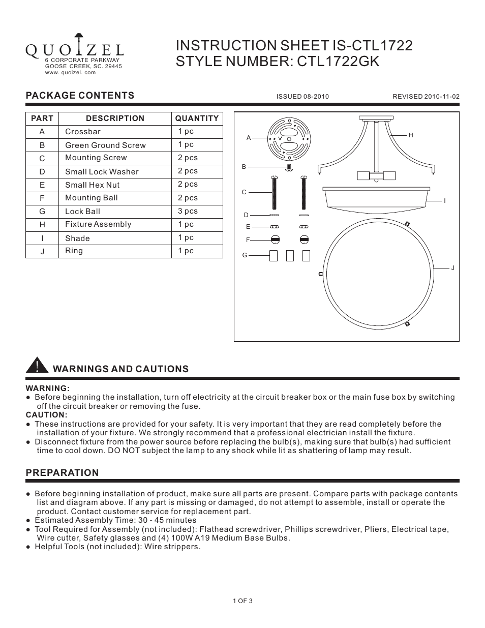 Quoizel CTL1722GK Caitlyn User Manual | 3 pages