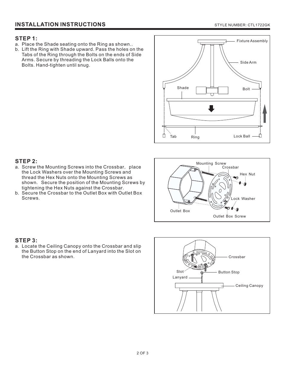Installation instructions, Step 1, Step 2 | Step 3 | Quoizel CTL1722GK Caitlyn User Manual | Page 2 / 3