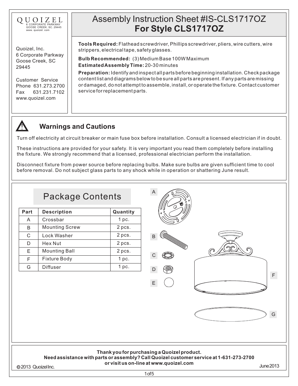 Quoizel CLS1717OZ Carlsbad User Manual | 5 pages
