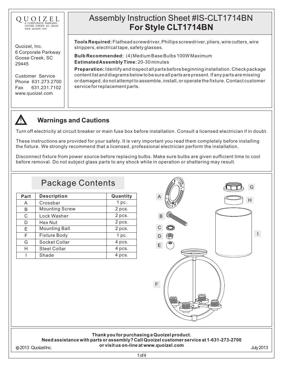 Quoizel CLT1714BN Celestial User Manual | 4 pages